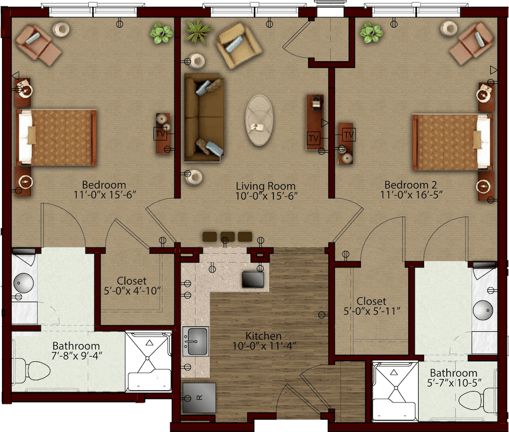A detailed apartment floor plan showing two bedrooms, a living room, a kitchen, and two bathrooms.