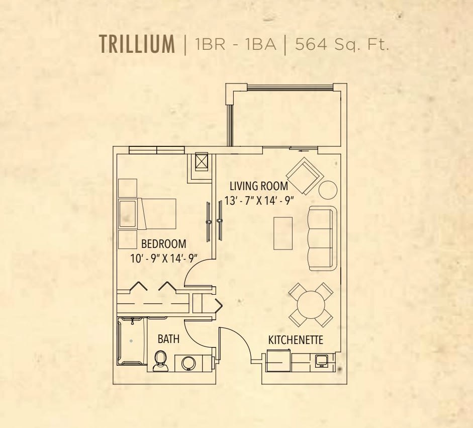 Trillium apartment floor plan featuring a one-bedroom, living room, kitchen, and bathroom.