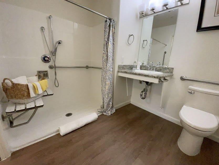 An accessible bathroom with a walk-in shower, grab bars, and modern fixtures.