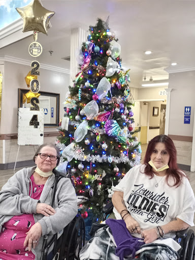 Two women enjoying the festive spirit in front of a beautifully decorated Christmas tree.