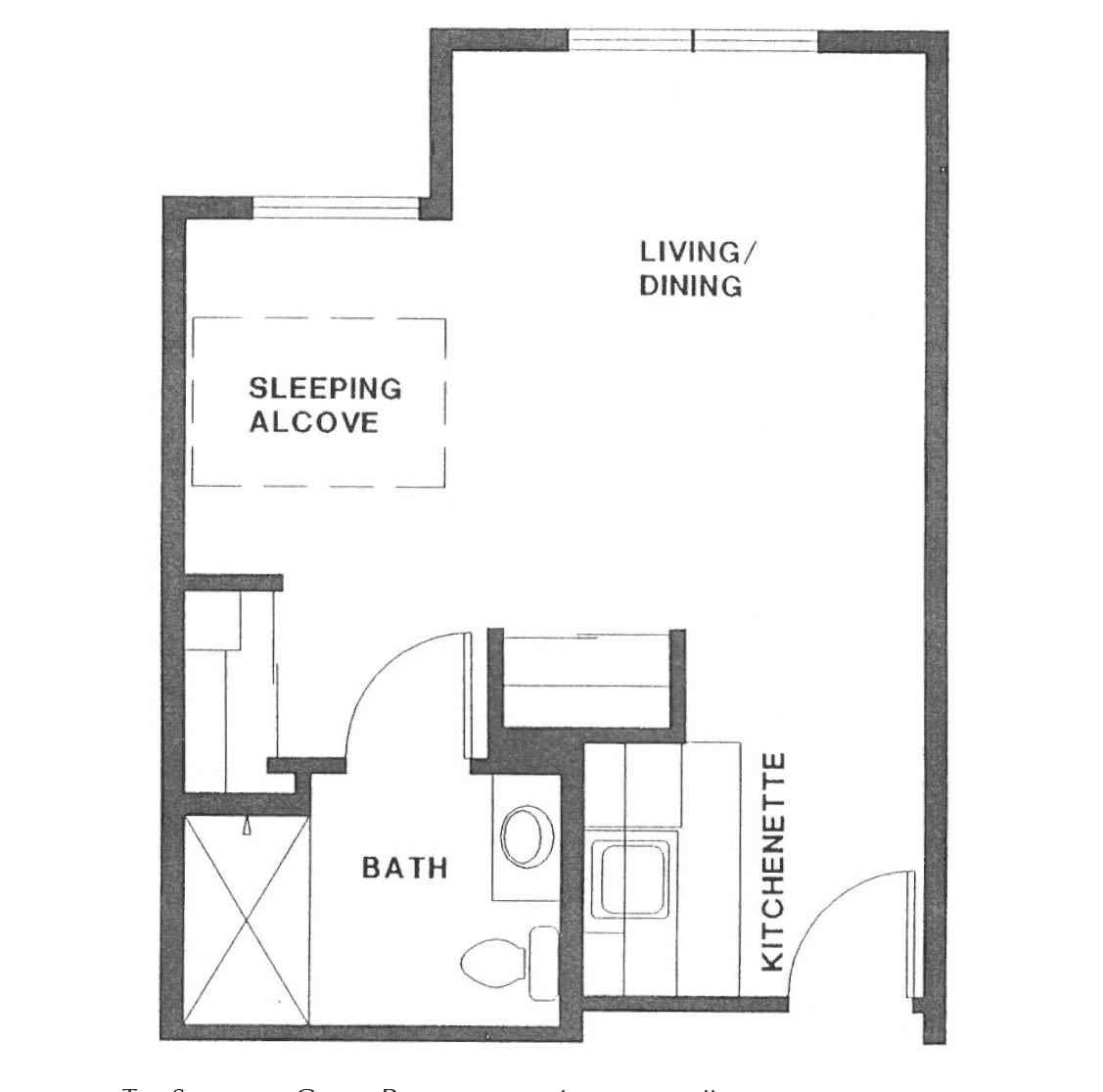 Studio apartment floor plan with sleeping alcove, kitchenette, bath, and living/dining area.