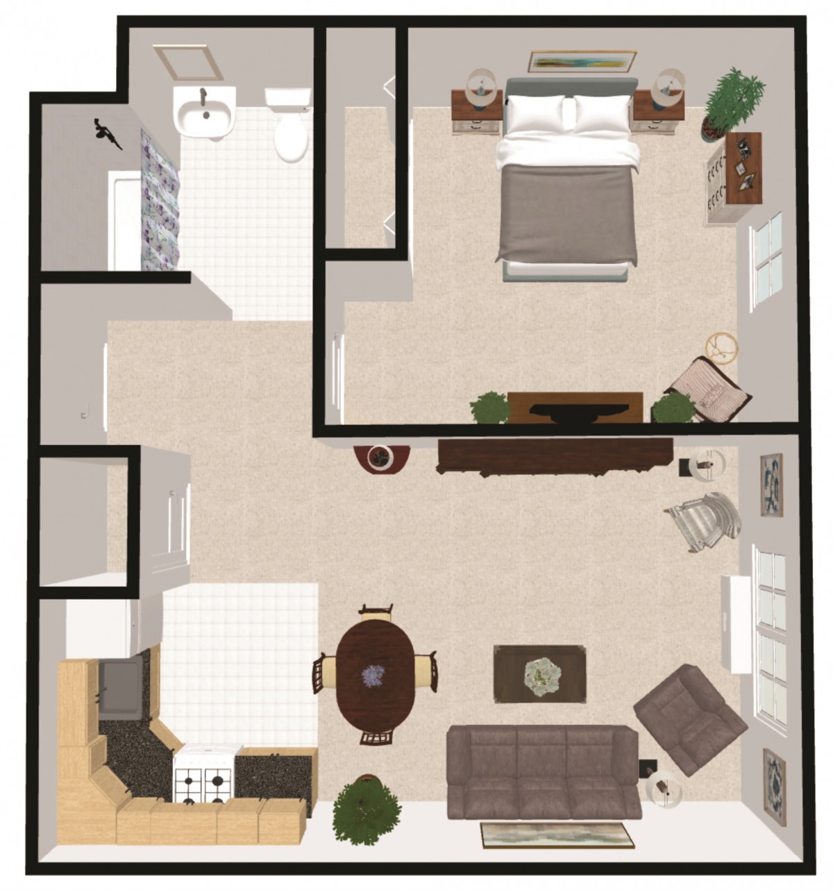 A detailed floor plan showing an apartment with a bedroom, kitchen, and living room.