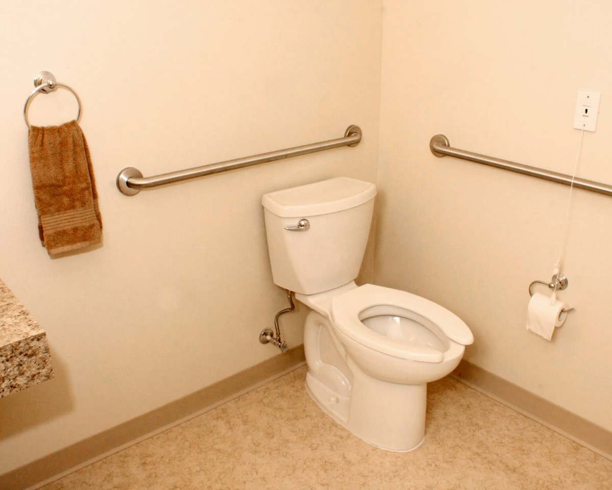An accessible bathroom with grab bars installed for safety.