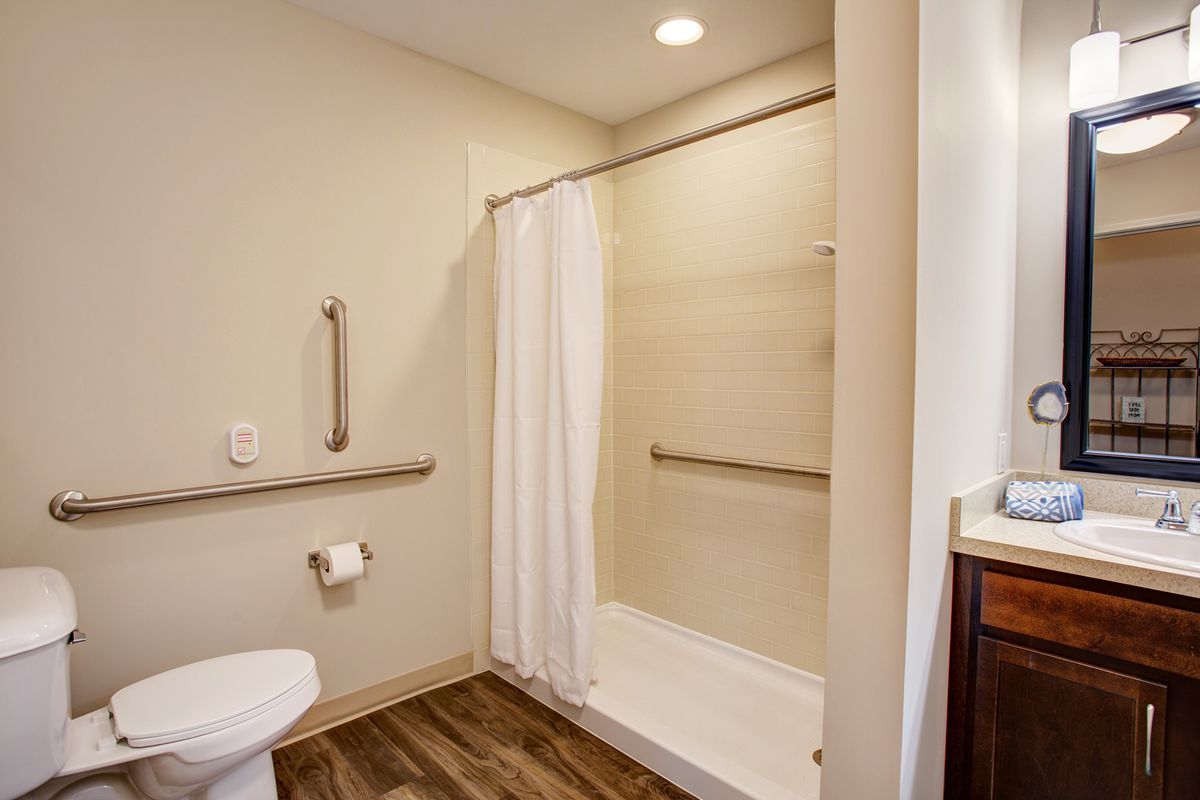 A modern, accessible bathroom featuring a shower with a white curtain and grab bars.