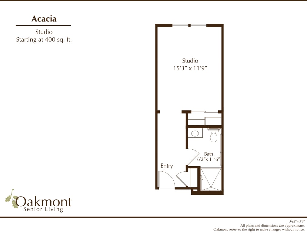 Studio apartment floor plan with detailed layout and room dimensions.