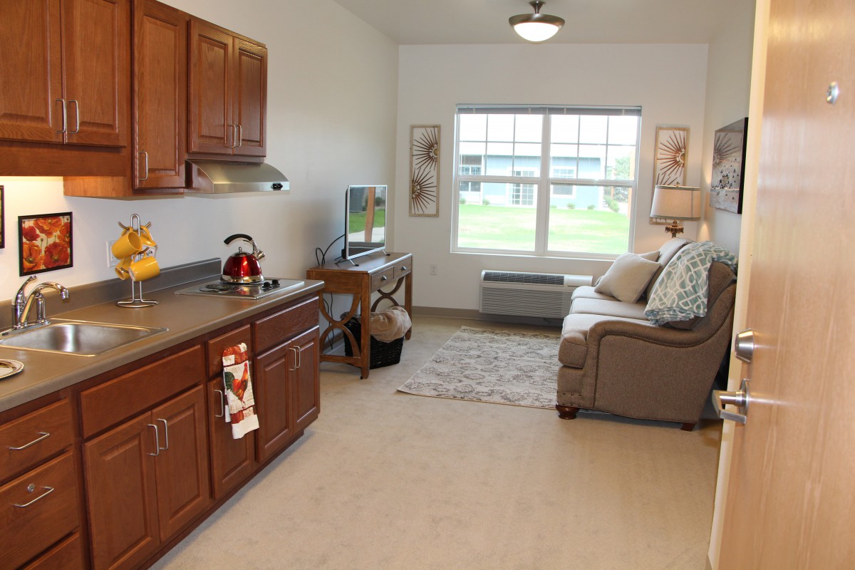 A cozy apartment interior featuring a small kitchen area and a living space with a sofa, TV, and window.