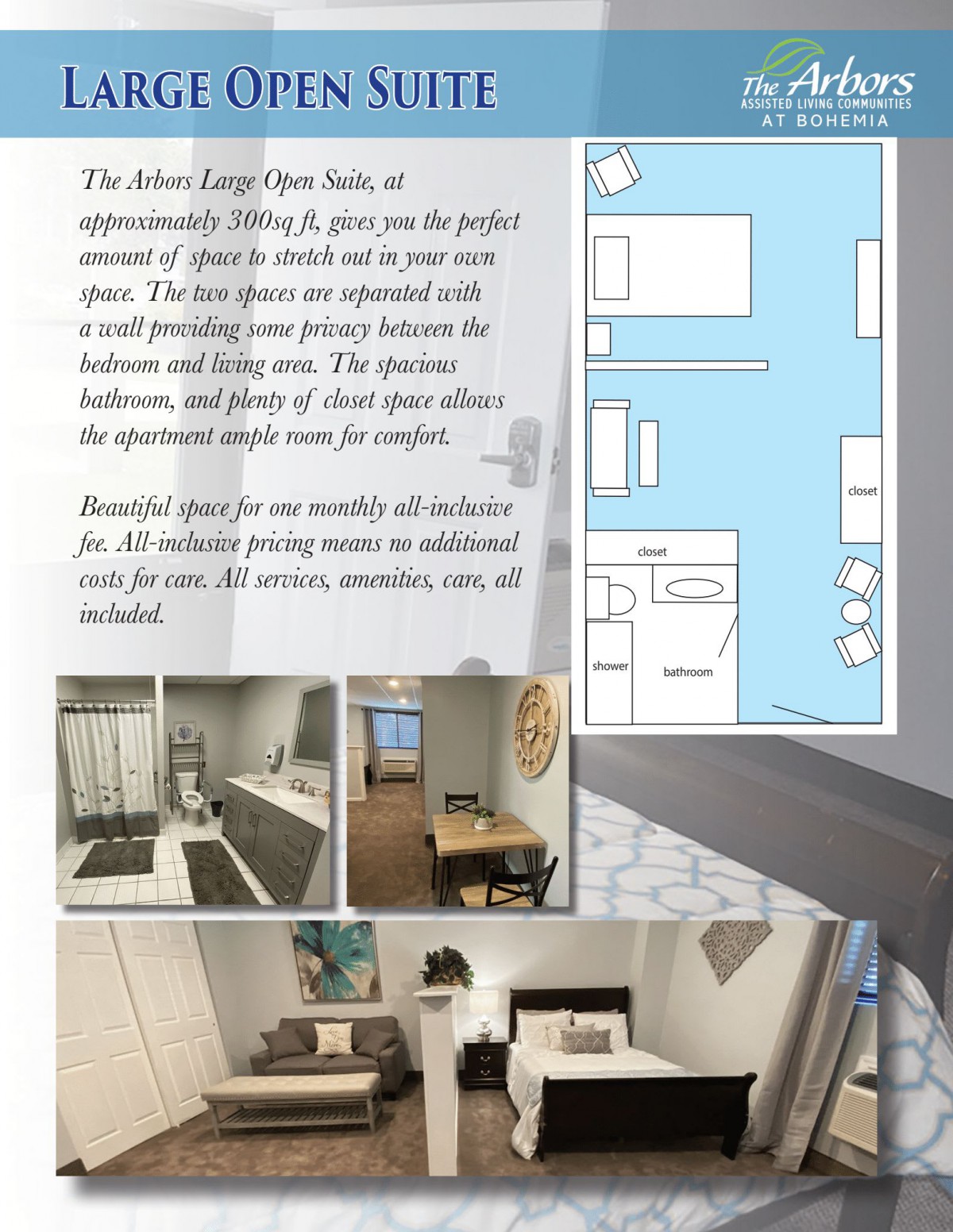 Apartment floor plan and interior design with images of the bedroom, kitchen, and living area.