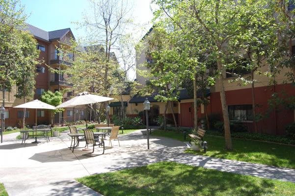 A peaceful courtyard with tables and chairs under umbrellas, surrounded by trees and buildings.