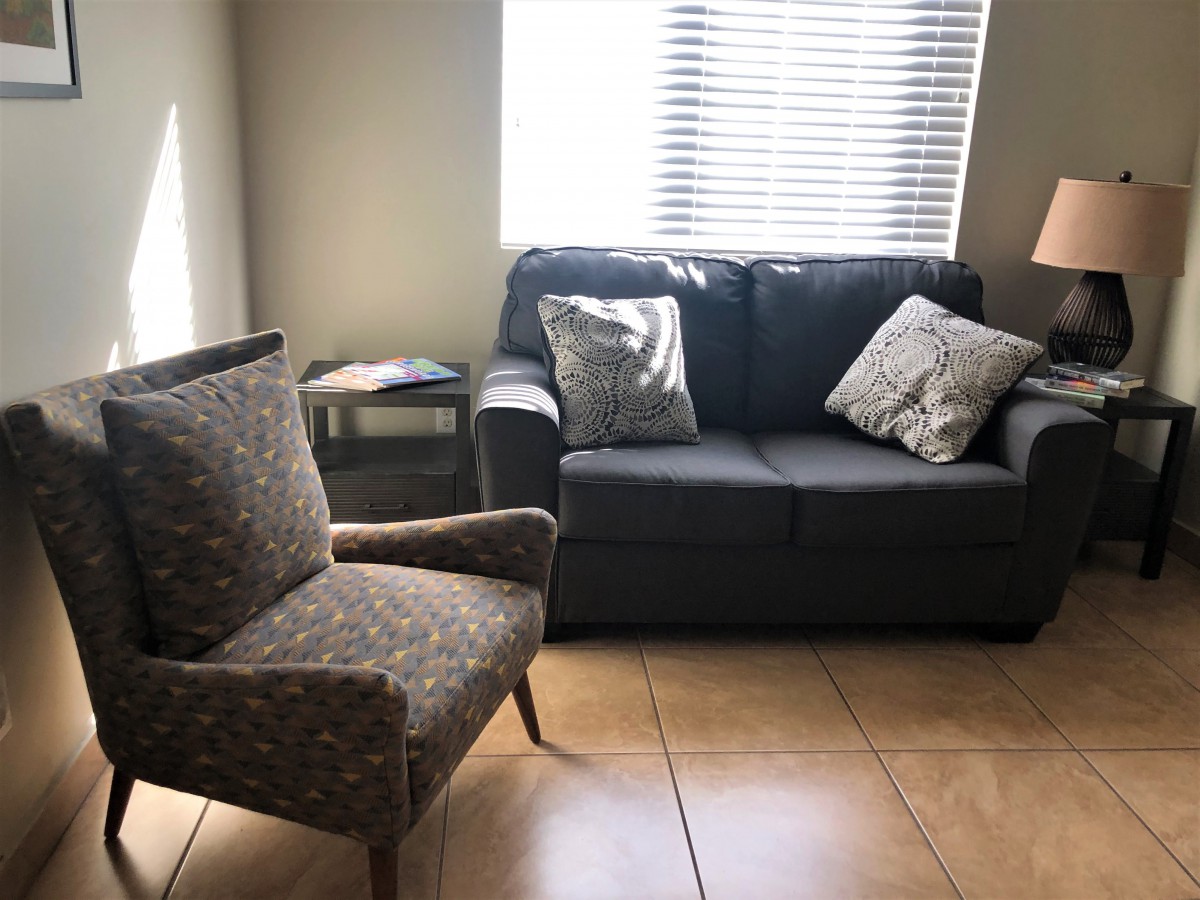 A cozy living room with a sofa, armchair, and natural light from a window.