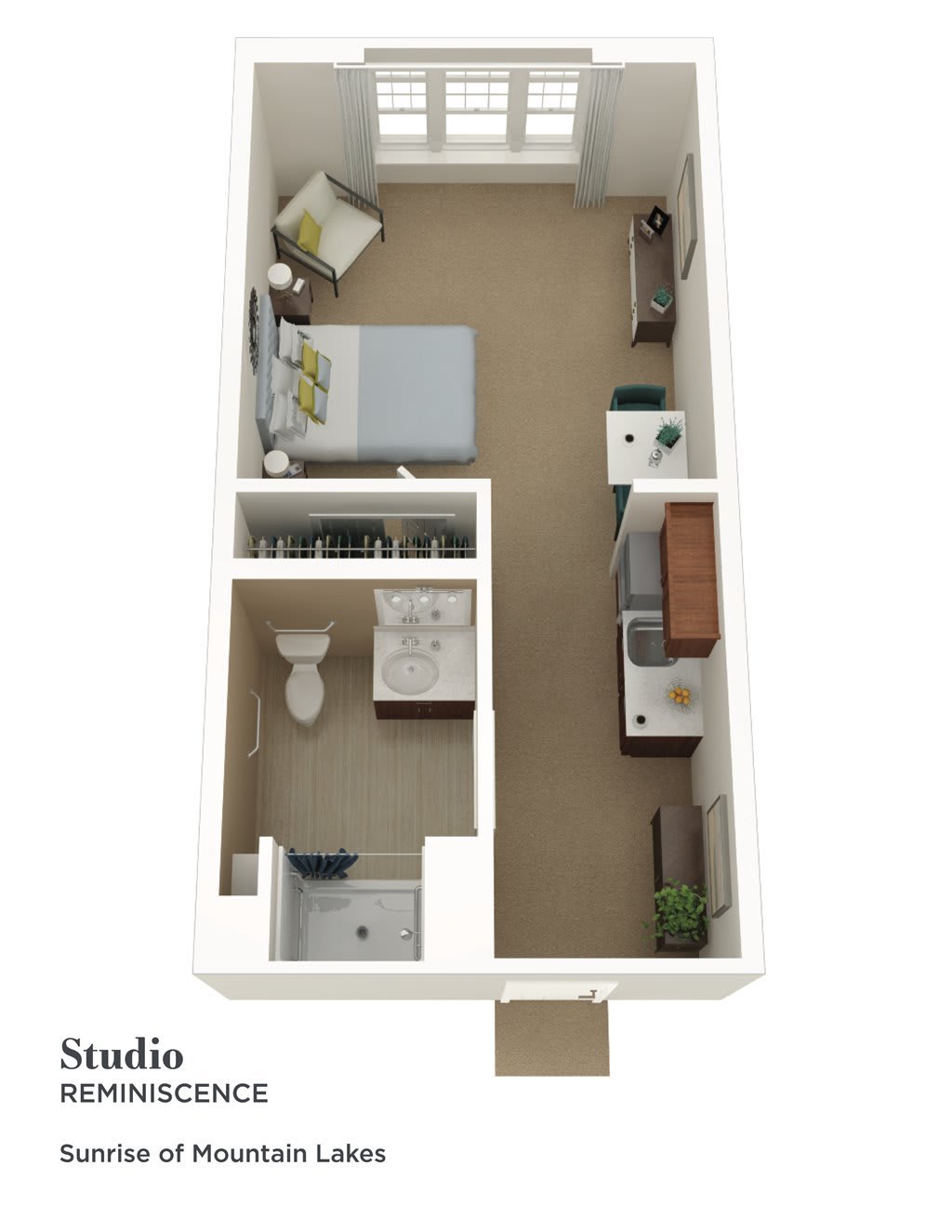 A 3D floor plan of a studio apartment featuring an open living area, kitchen, bedroom, and bathroom.