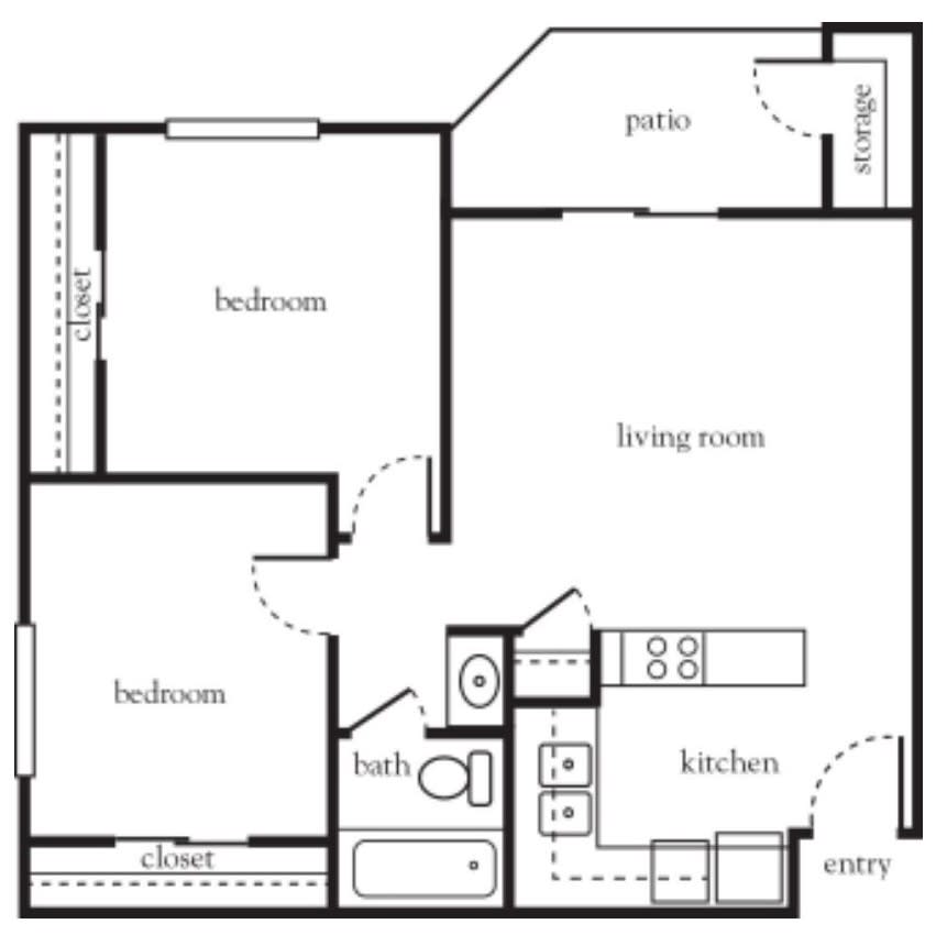 A floor plan of a two-bedroom apartment featuring a living room, kitchen, bathroom, and patio.