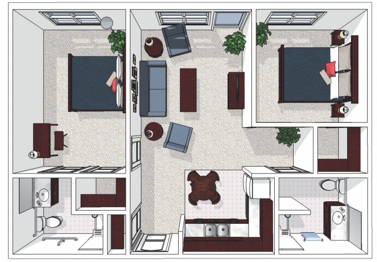 A detailed floor plan showing an apartment layout with two bedrooms, a living room, and a kitchen.