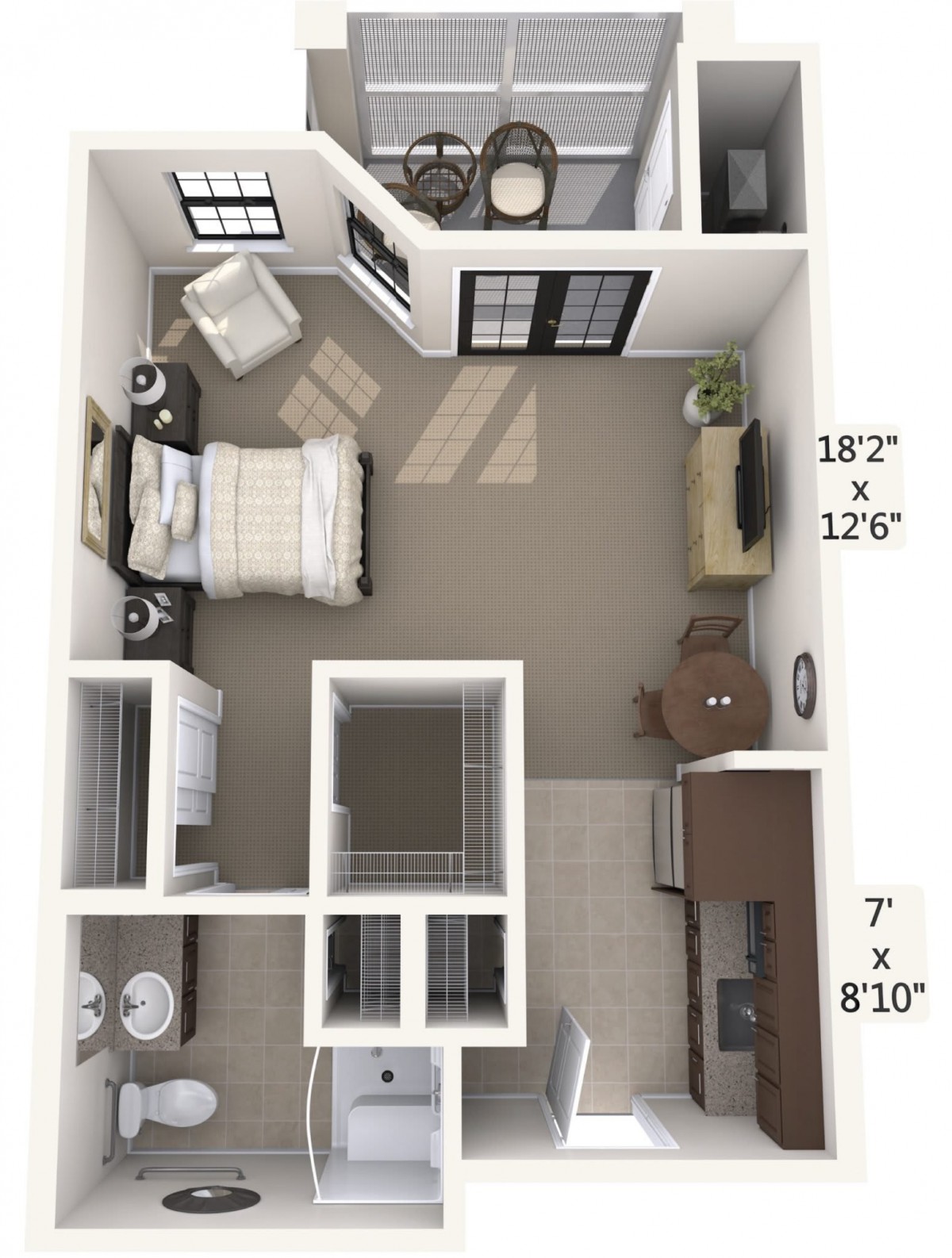 A studio apartment floor plan showcasing a bedroom, kitchen, and living area layout.