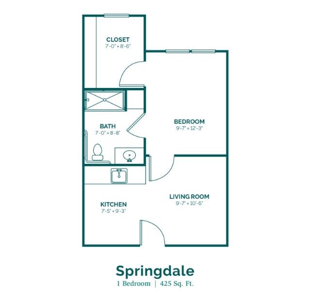 A floor plan of the Springdale apartment featuring a 1-bedroom setup with a living room, kitchen, bathroom, and closet.