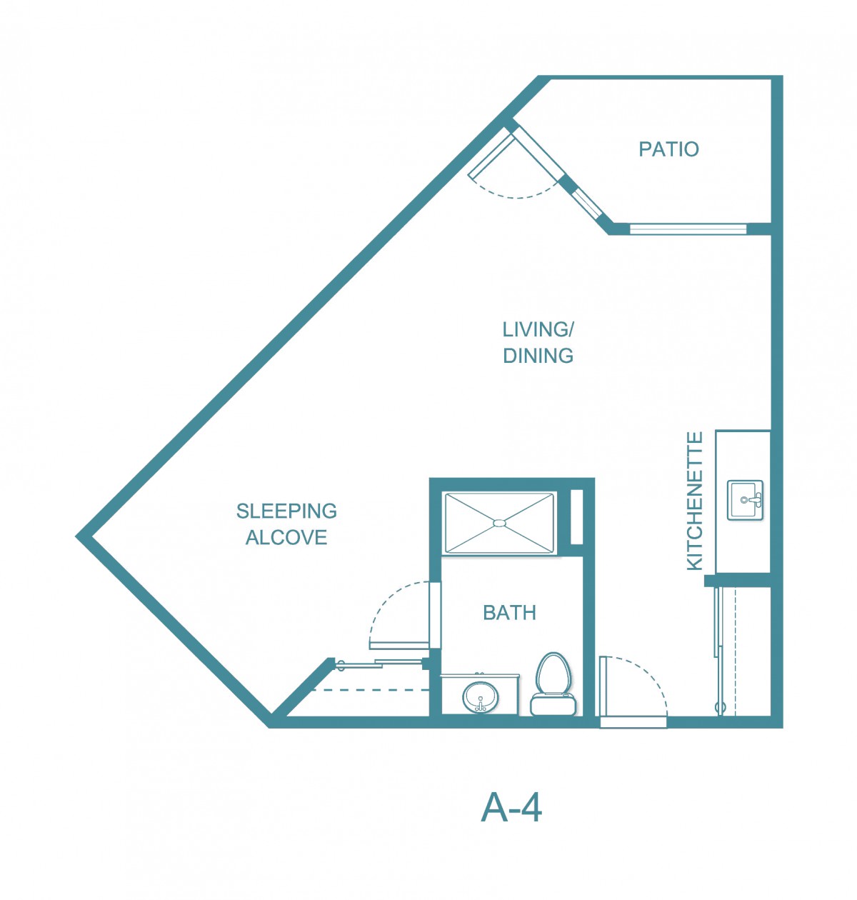 Studio apartment floor plan with sleeping alcove, living/dining area, kitchen, and bathroom.