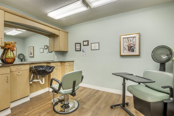 A neatly arranged hair salon interior with a styling chair and mirror.