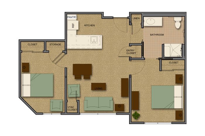 Floor plan of an apartment with two bedrooms, a kitchen, and a living area.