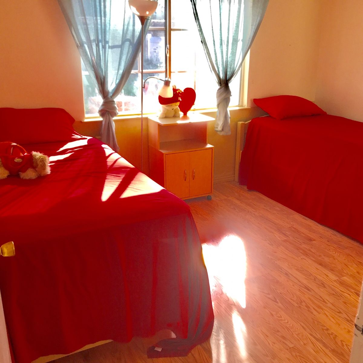 A cozy bedroom with twin beds adorned in red bedding, illuminated by sunlight streaming through sheer blue curtains.