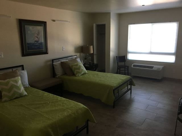 A bedroom with two beds featuring green bedding, a nightstand with a lamp, and a window letting in natural light.