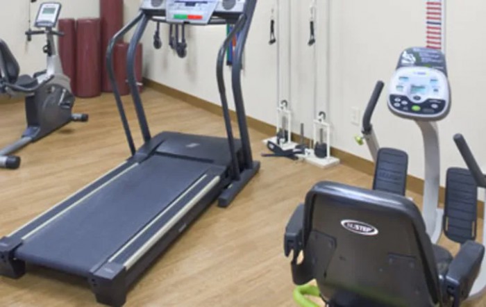 A small gym setup with a treadmill and exercise bike.