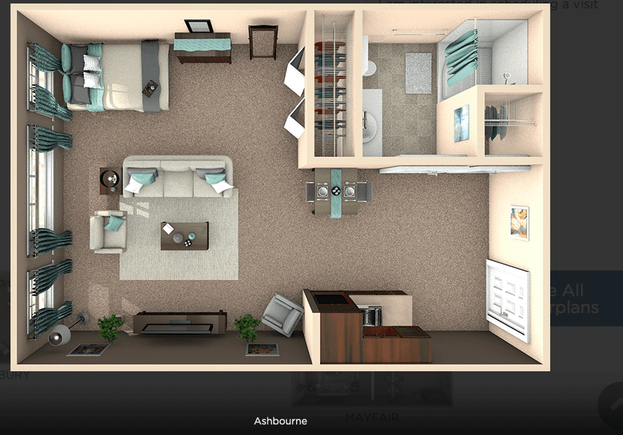 3D floor plan of a modern apartment with one bedroom, living room, kitchen, and bathroom.