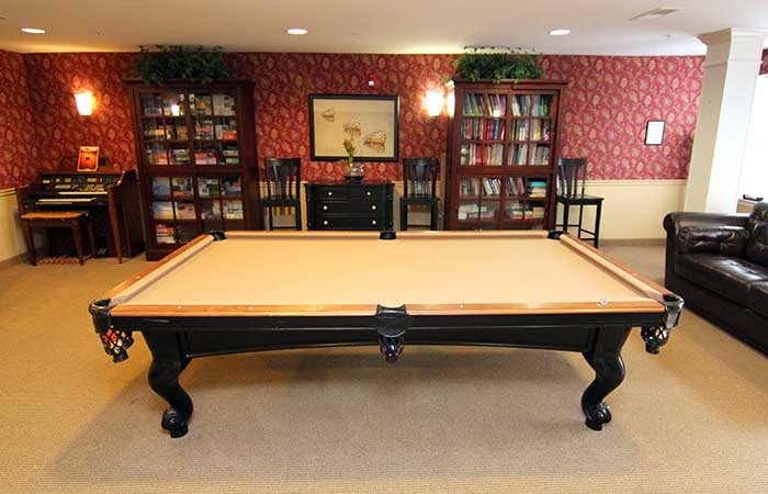 A spacious room featuring a pool table, surrounded by bookshelves filled with books and adorned with elegant decor.