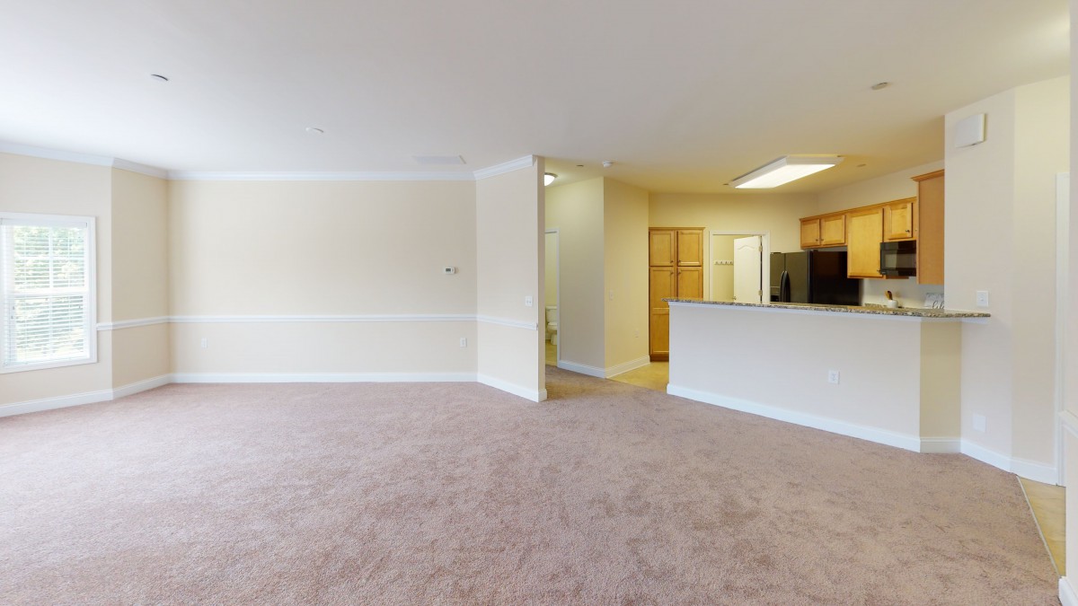 Spacious open-plan living room with a view of the kitchen area.