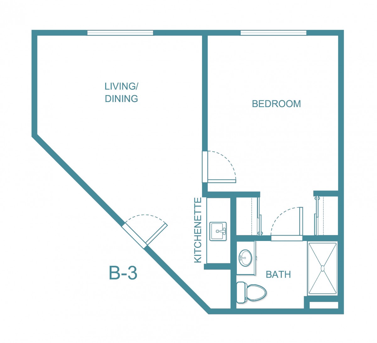 A blueprint of a one-bedroom apartment layout with living/dining area, kitchenette, and bathroom.