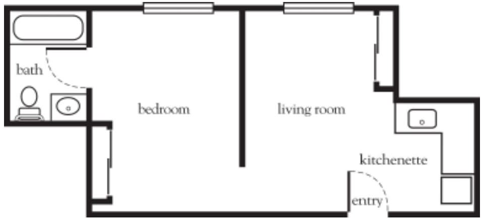 A simple floor plan showing a bedroom and living room layout.