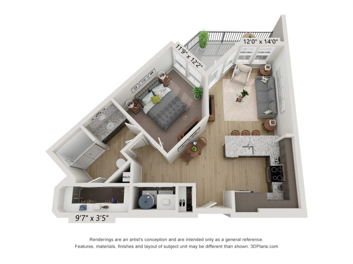 A 3D floor plan of a modern one-bedroom apartment featuring an open kitchen, living area, and balcony.