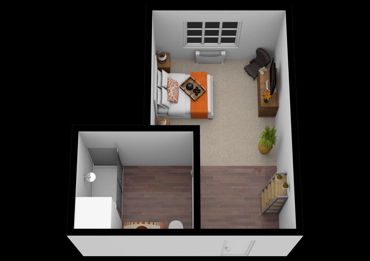 A 3D rendering of a small apartment floor plan featuring a bedroom and living area.