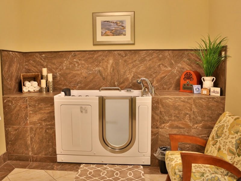 A luxurious bathroom featuring an accessible walk-in bathtub with elegant decor.