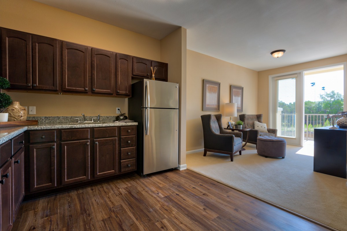 A modern apartment interior featuring a small kitchen area with dark cabinetry and an adjacent cozy living room space.