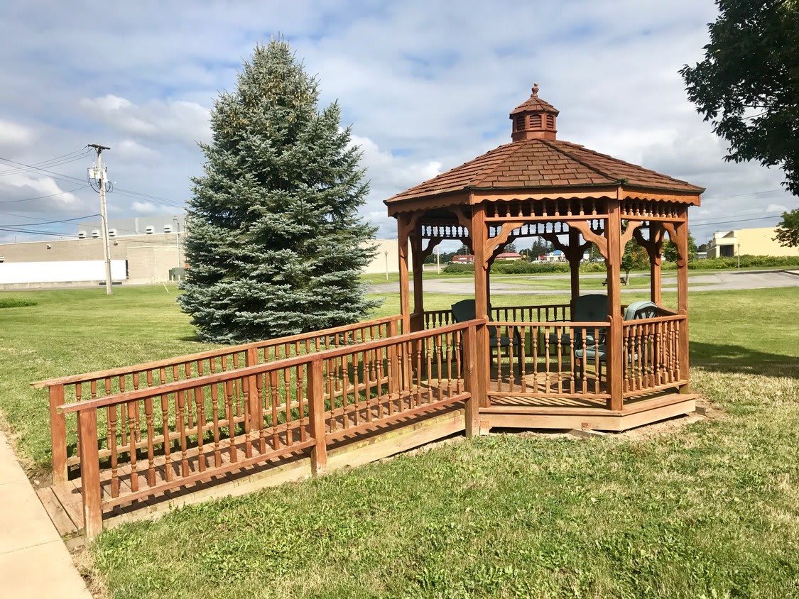 A wooden gazebo with a ramp set in a grassy park area, next to a tall evergreen tree.