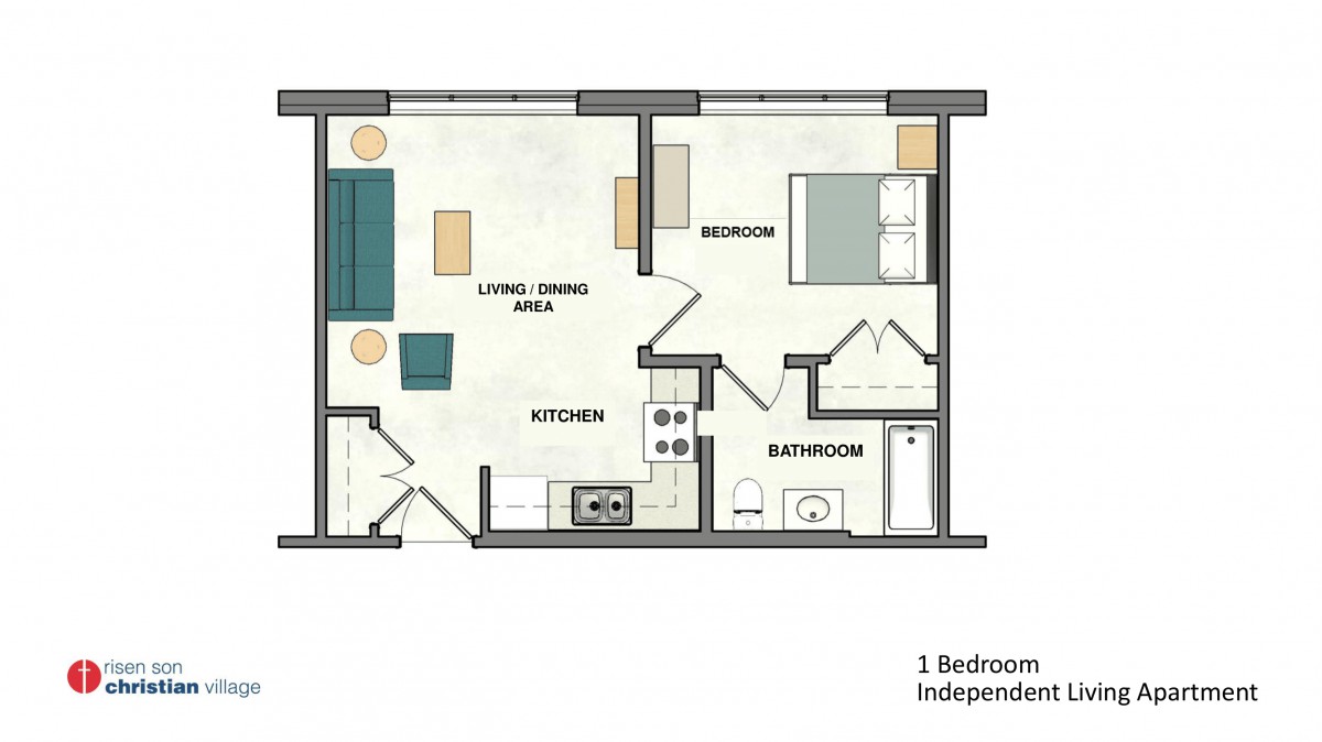 A floor plan of a one-bedroom apartment with a living room, kitchen, and bathroom.