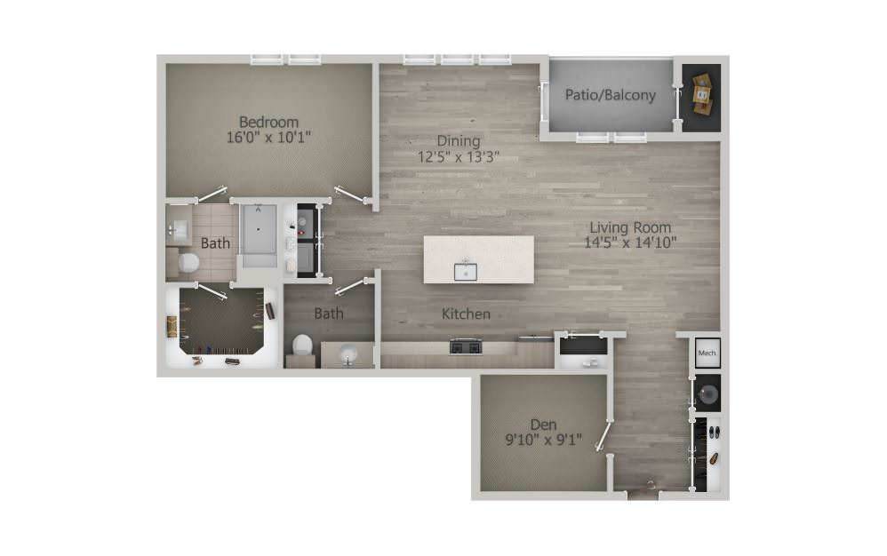 A detailed floor plan of an apartment with labeled room dimensions and designated areas for living, dining, and bedrooms.