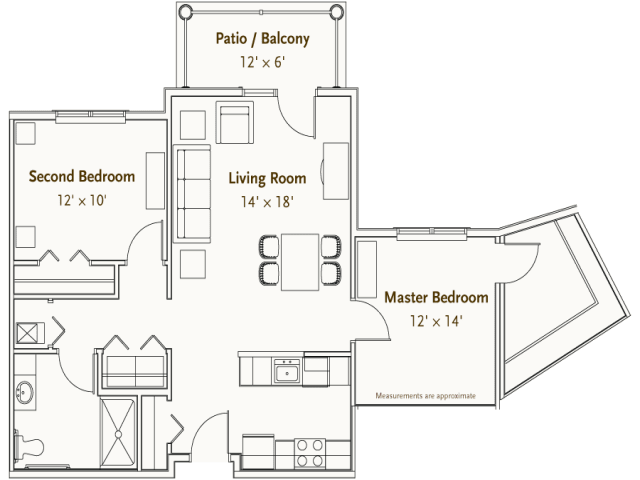 A floor plan of a two-bedroom apartment with a living room and a patio/balcony.