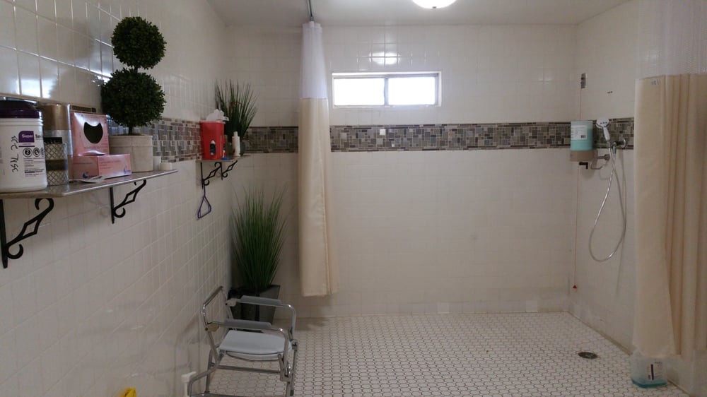 An accessible bathroom with a shower area, equipped with a handicap chair and decorative plants.