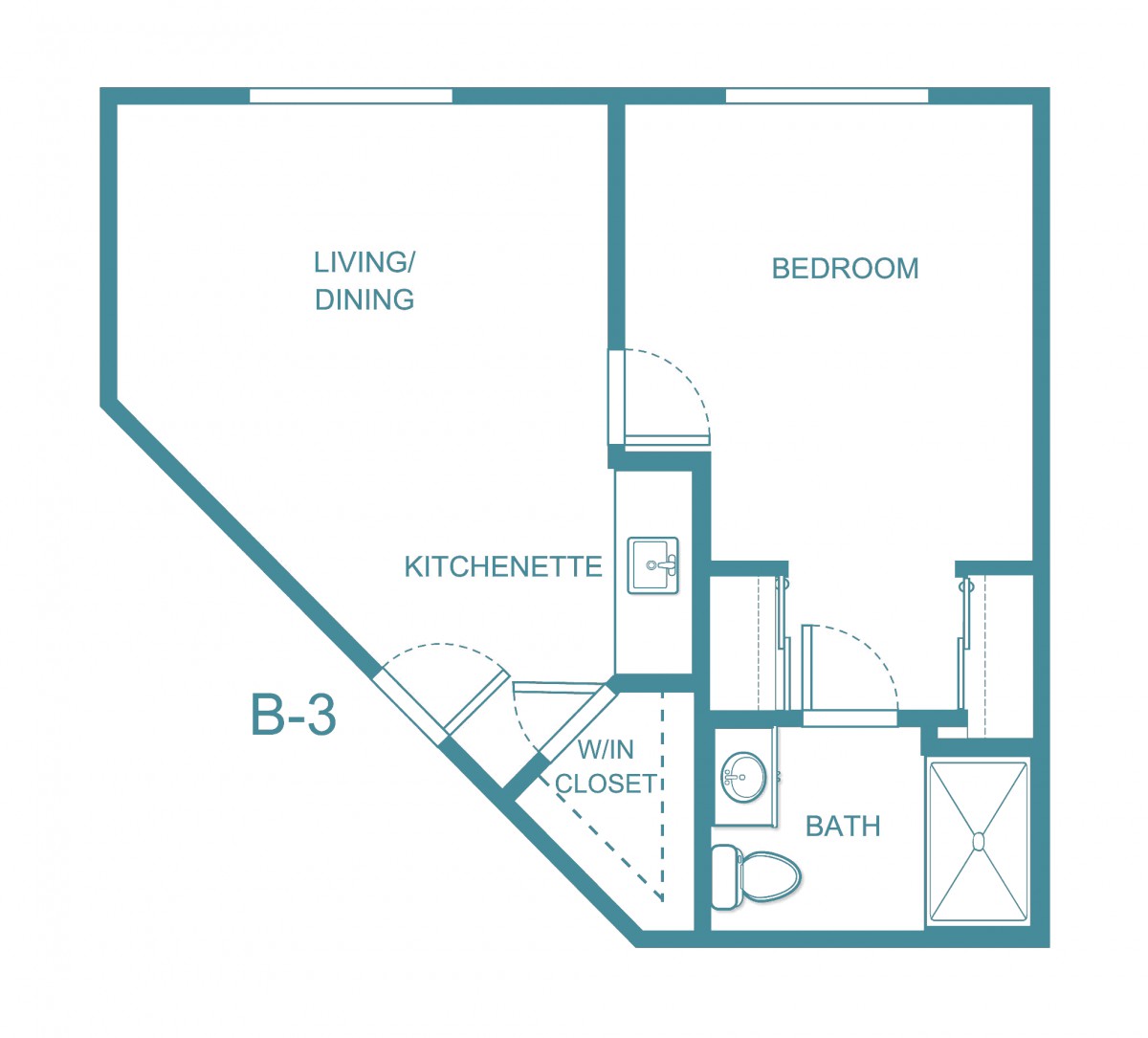A floor plan of an apartment featuring a living/dining area, bedroom, kitchenette, and bathroom.