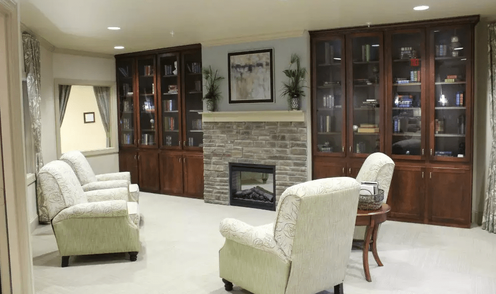A modern living room with a fireplace, elegant bookshelves, and comfortable armchairs.