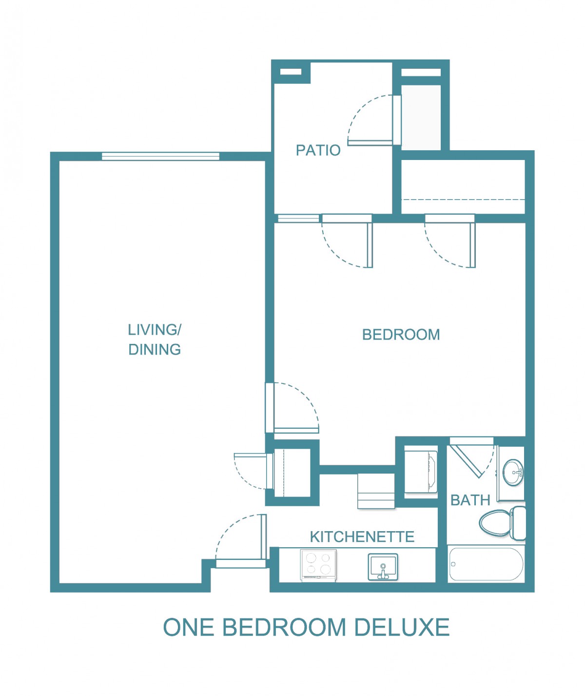 A floor plan depicting a one-bedroom deluxe apartment layout.