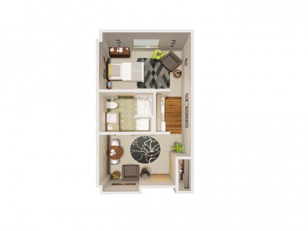 A top-down view of a one-bedroom apartment floor plan.