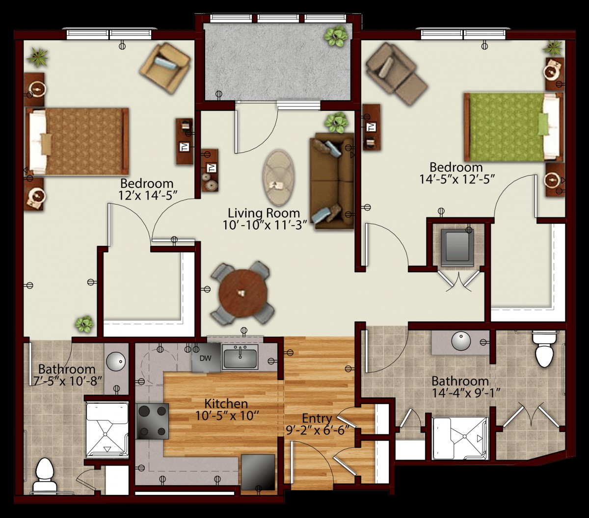 A 3D floor plan of an apartment featuring multiple bedrooms, bathrooms, a living room, and a kitchen.