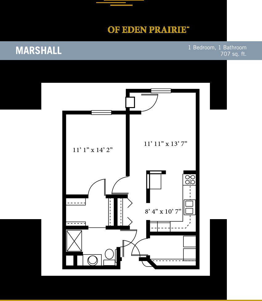 Floor plan of a one-bedroom apartment with labeled dimensions.