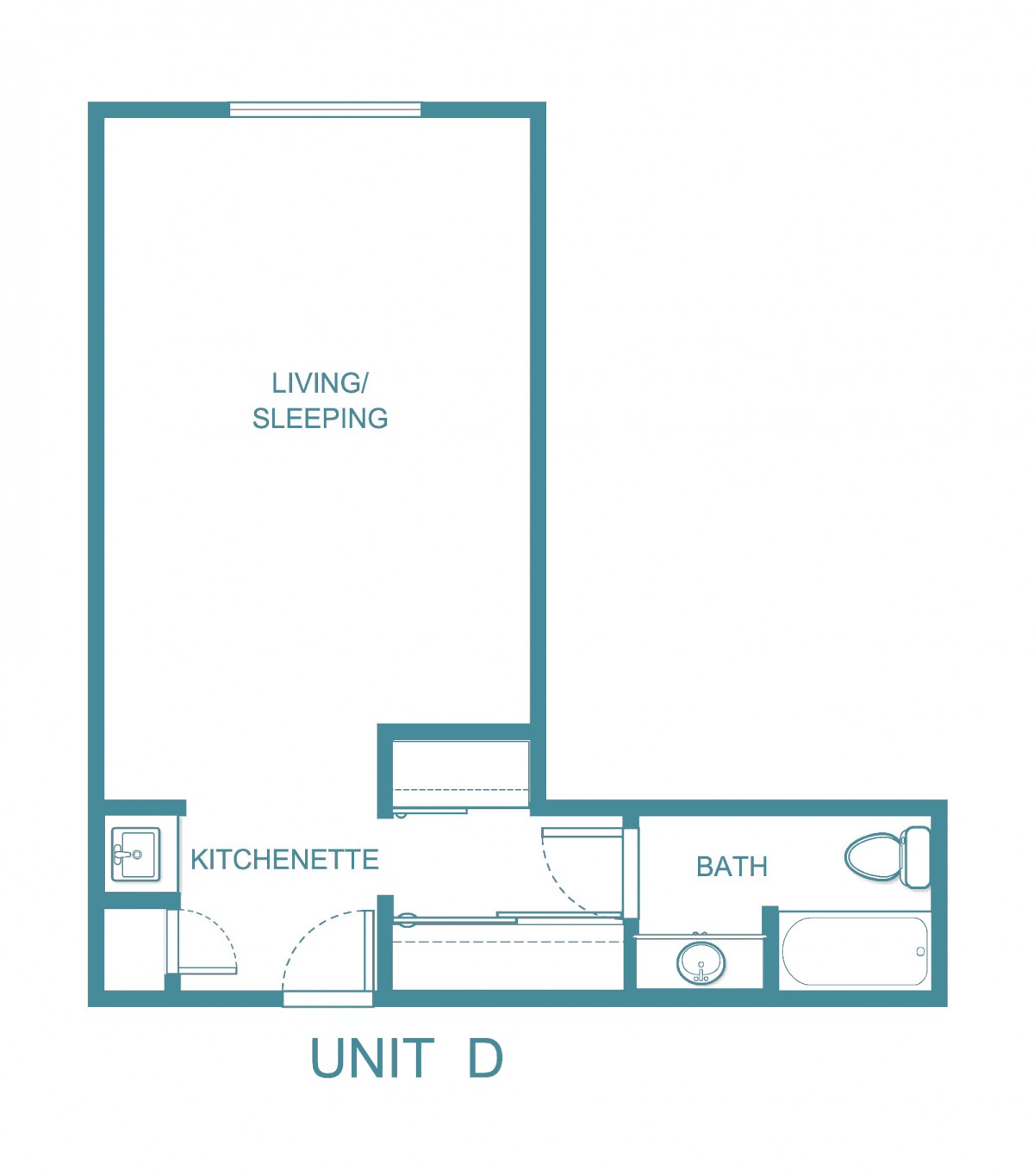 Floor plan of a studio apartment, Unit D, featuring a living/sleeping area, kitchenette, and bathroom.