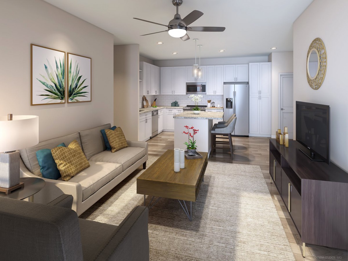 A modern open-concept living room and kitchen space with a comfortable seating area, contemporary decor, and a stylish kitchen island.