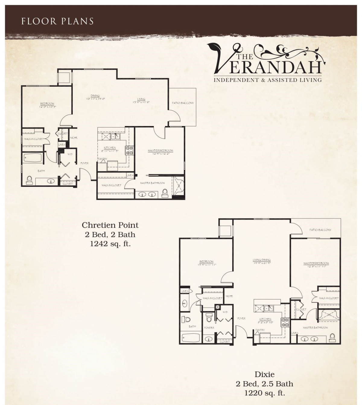 A detailed floor plan of a two-story house from Verandah Homes, featuring both the lower and upper levels.