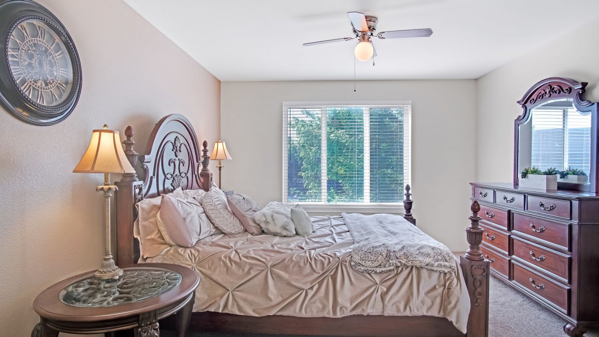 A cozy bedroom with a large bed, decorative pillows, and ample natural light streaming through the window.