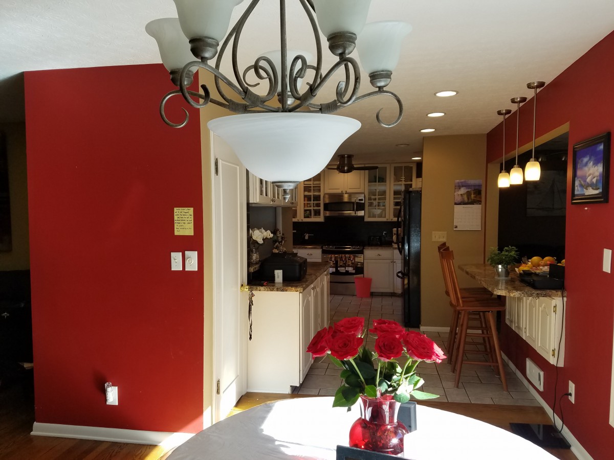 A cozy kitchen and dining area with a decorative chandelier, red walls, and a potted plant centerpiece.