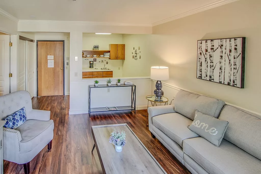 A modern living room with a cozy sofa and hardwood floors, featuring a small kitchen area in the background.